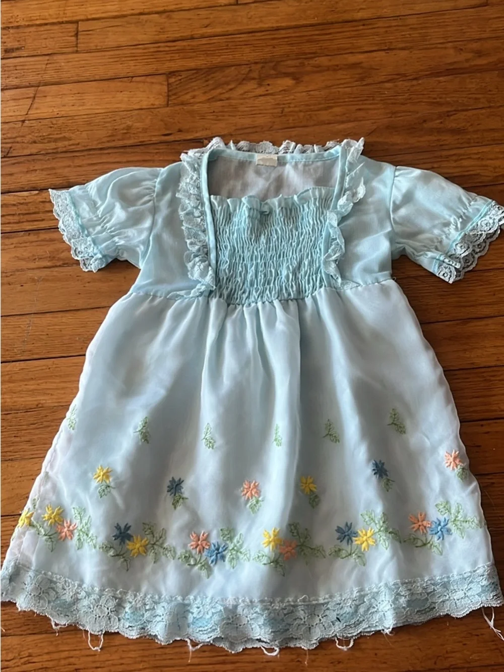 Baby Blue Smocked Floral Embroidered Girls' Dress